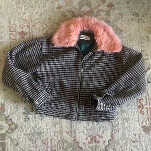 Urban Outfitters Pink Faux Fur Houndstooth Jacket